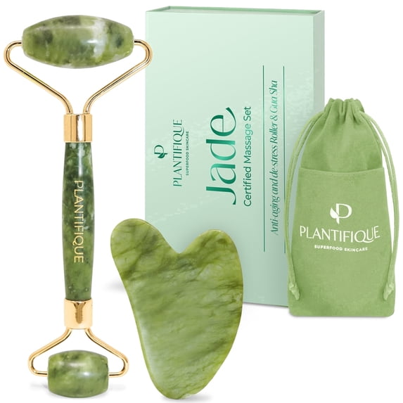 Plantifique Jade Roller & Gua Sha Set, Face Roller Facial Tools for Lymphatic Drainage