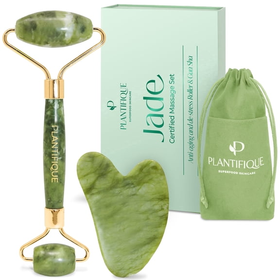 Plantifique Face Roller & Gua Sha Set  Real Jade, Facial Tools for Radiant Skin