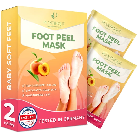 Plantifique Foot Peeling Mask for Dry Cracked Feet & Calluses, Peach, 2 Pairs