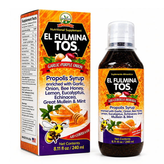 Plantimex El Fulmina Tos Propolis Syrup with Garlic, Purple Onion, Bee Honey, Lemon, Eucalyptus, Echinacea, Great Mullein & Mint, Dietary Supplement, Liquid Formula, 8.11 fl oz (240 mL)