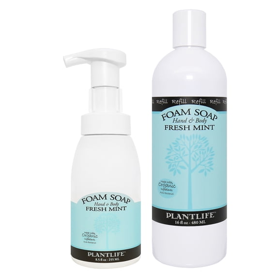 Plantlife Fresh Mint Foam Soap Value Set - Gentle, Moisturizing, Plant-based Foam Soap for All Skin Types - Ideal for use as a Hand & Body wash, Shaving Cream, and Foaming Fun for Kids