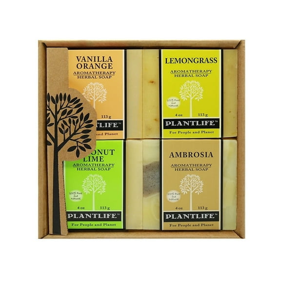 Plantlife Fruit Soap Bar 4-Pack  Vanilla Orange, Lemongrass, Coconut Lime, Ambrosia, Moisturizing Aromatherapy Bars, 4 oz Each
