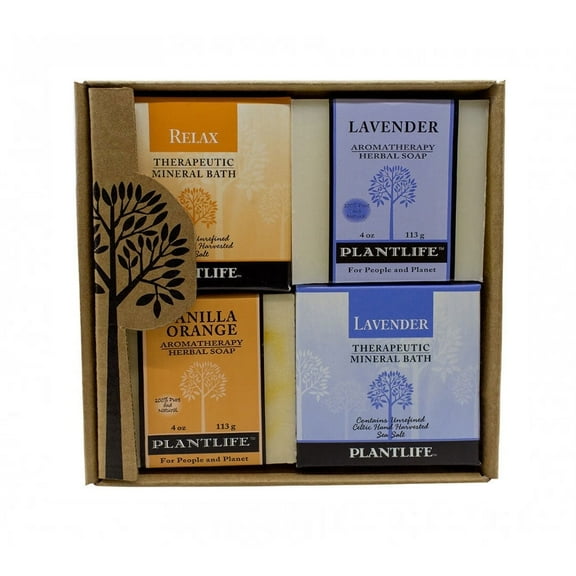 Plantlife Relax Soap & Bath Salt 4-Pack Lavender, Vanilla Orange, and Relax Aromatherapy Set, Made in California