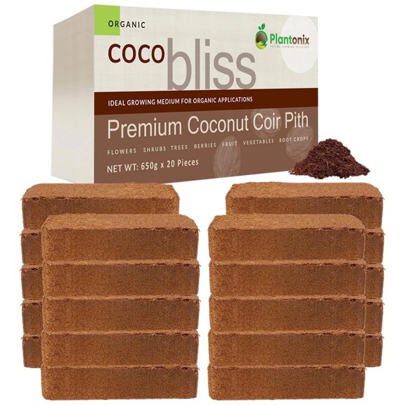 Plantonix Coco Bliss Premium Coconut Coir Pith Soil Amendment, 650g Bricks (20 Pack)