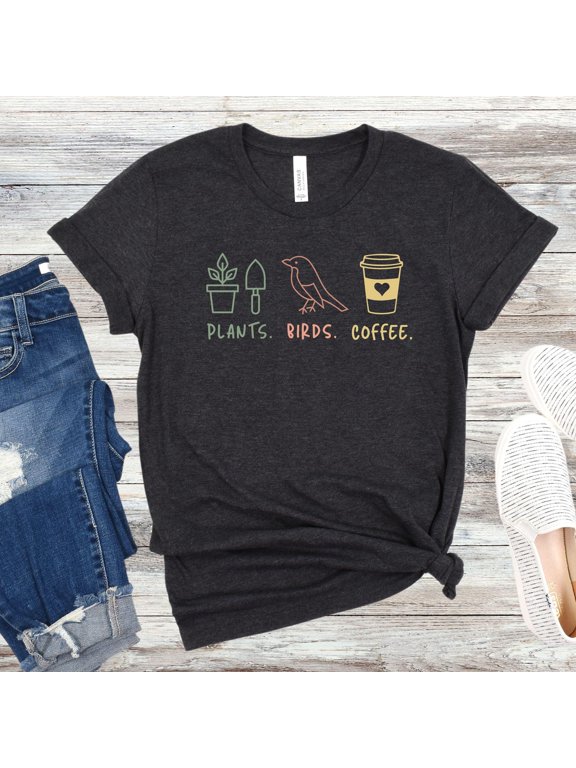 Plants Birds Coffee Lover Shirt, Cute Nature Lover Tee Gift For Bird Lover T-Shirt Gift for Pant Girl Cute Bird watching Shirt For Bird Nerd