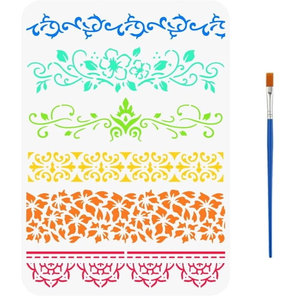 Plants Border Drawing Stencil with A Paint Brush 11.7x8.3inch 6 Styles Flower Border Painting Template Vine Leaves Decoration Stencil for DIY Painting on Wood Wall Fabric Furniture
