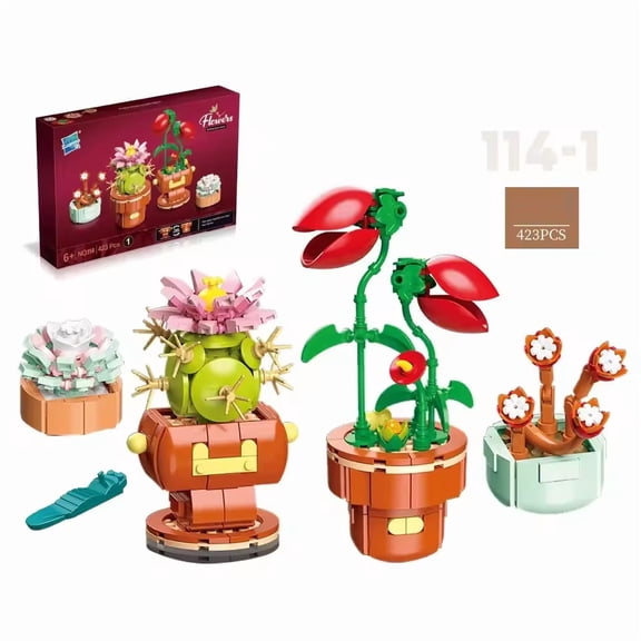 Wizardi Plants Brick Building Set F07N11-1-1(114) Artificial Potted Flower Botanical Bouquet Kit, Eco-Friendly ABS Plastic Blocks, Creative Floral Decor for Adults & Teens