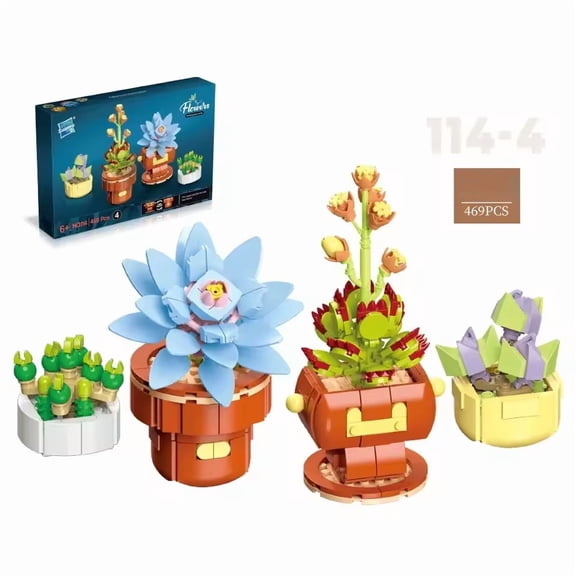 Wizardi Plants Brick Building Set F07N11-2-4 Artificial Potted Flower Botanical Bouquet Kit, 114 Pcs Eco-Friendly ABS Plastic Blocks, 4x6 Decor for Adults & Teens