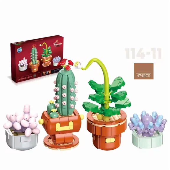 Wizardi Plants Brick Building Set F07N11-6-11  Botanical Flowers Building Blocks Cactus & Succulents, Eco-Friendly ABS Plastic 474 Pcs, 4x4x6 Desk Accessories for Adults & Teens