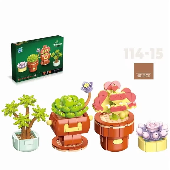 Wizardi Botanical Plants Brick Building Set F07N11-8-15 Assorted Mini Potted Flower Toys, Eco-Friendly ABS Plastic 114 Pcs, Desktop Decor for Adults & Teens