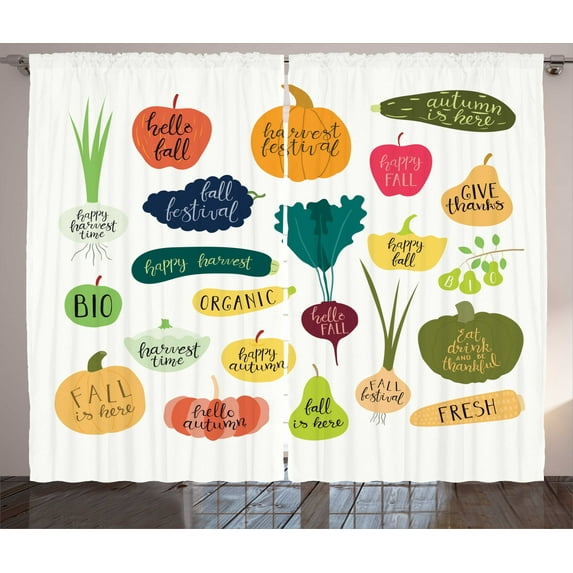 Plants Curtains 2 Panels Set, Pumpkin Squash Onions Pears Grapes Apples Compilation of Vegetable Types Slogans, Window Drapes for Living Room Bedroom, 108"W X 90"L,Multicolor, by Ambesonne