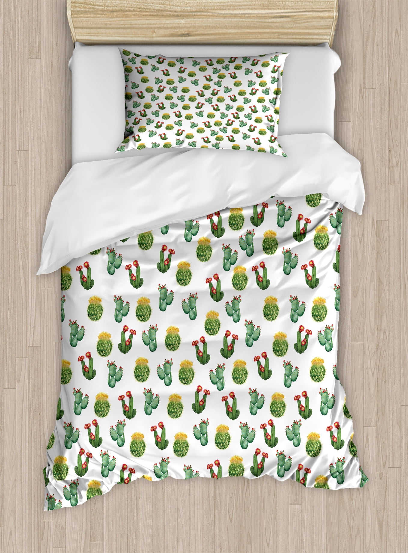 Twin Green Yellow Cactus Print Duvet Cover Set