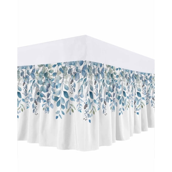 Plants Eucalyptus Bed Skirt Queen Size 18" Drop Leaves Blue Natural Ruffled Wrap Around Bed Skirts Adjustable Elastic Bedskirt Dust Ruffle for Queen Size Bed