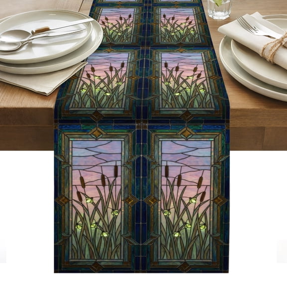 Plants Firefly Cotton Linen Table Runner Retro Stained Glass Window Botanical Firefly Dining Table Runners for Home Decor Party Dining Room Restaurant Kitchen Party 13" x 36"