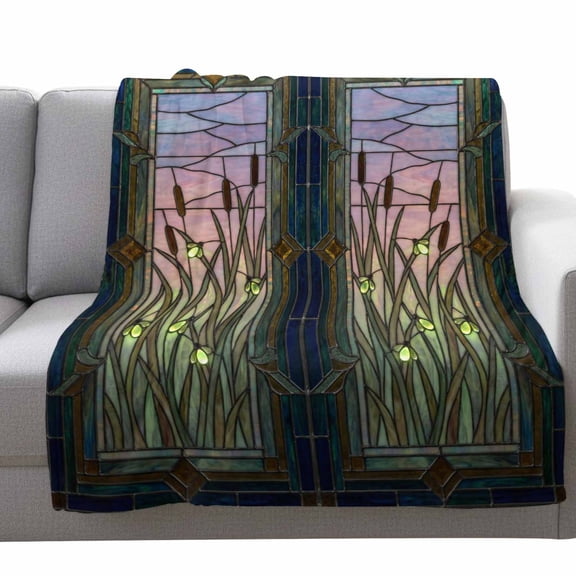 Plants Firefly Fleece Throw Blanket Lightweight Retro Stained Glass Window Botanical Firefly Fuzzy Flannel Throws Super Soft Cozy Flannel Blanket for Couch, Sofa, Bed, Travel 50"x80"