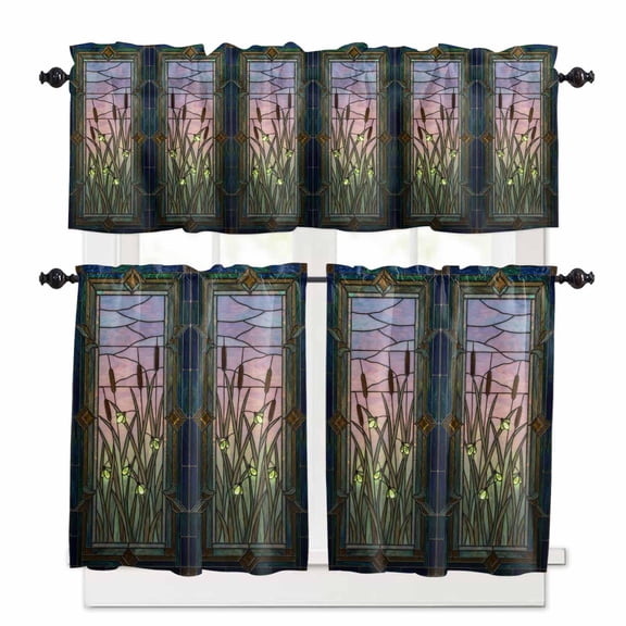 Plants Firefly Kitchen Curtains Valance and Tier Set Retro Stained Glass Window Botanical Firefly Rod Pocket Short Curtains for Small Window 3 Pieces Set for Bedroom Cafe (54" x 18"+27" x 24")