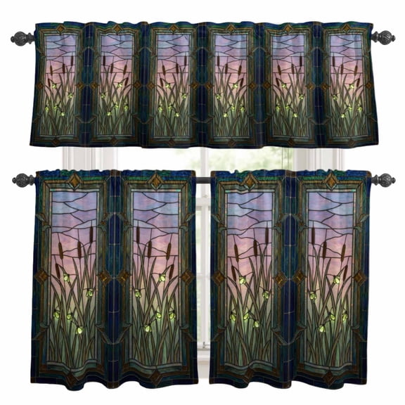 Plants Firefly Kitchen Curtains and Valances Set, Retro Stained Glass Window Botanical Firefly Rod Pocket Window Valance Window Curtain Panels for Living Room Bedroom Laundry, 27.5x24in, 3 Pieces