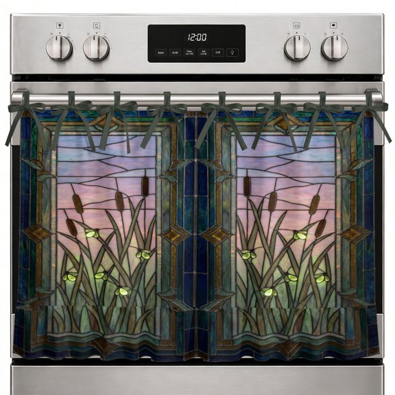 Plants Firefly Oven Curtain with Tie Top, Retro Stained Glass Window Botanical Firefly Oven Skirt Curtains with Tie Top Cabinet Cover Curtain for Small Kitchen Apartment Decor 27 x 20 Inches