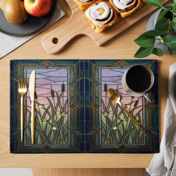 Plants Firefly Placemats Set of 1, Retro Stained Glass Window Botanical Firefly Heat Insulated Linen Place Mats, Washable Stain-Proof Table Mats for Dining Tables Holiday Decor 13x19 Inches