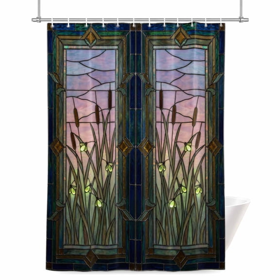 Plants Firefly Shower Curtain, Retro Stained Glass Window Botanical Firefly Waterproof Shower Curtain Set with 12 Hooks Lightweight Bath Curtains Fabric Bathroom Decor 36x72 Inches