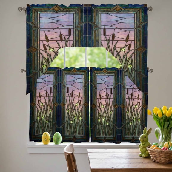 Plants Firefly Swag Curtains Valance & Tier Set, Retro Stained Glass Window Botanical Firefly 3 Pcs Set Kitchen Swag Valances and Tiers 36 Inch Length Rod Pocket Curtain Drapes for Bedroom