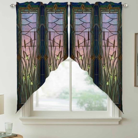 Plants Firefly Swag Kitchen Curtain Valances, Retro Stained Glass Window Botanical Firefly Rod Pocket Curtains Window Treatment Decor Valances for Bedroom Bathroom, 2 Panels 28 x 36 Inch