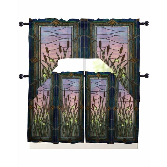 Plants Firefly Swag Valance for Window, 3 Piece Retro Stained Glass Window Botanical Firefly Light Filtering Swag Curtain Rod Pocket Kitchen Curtain Valance for Bedroom 3 Piece
