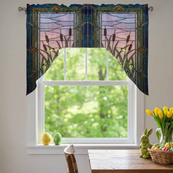 Plants Firefly Swag Valances for Kitchen Window, Retro Stained Glass Window Botanical Firefly Small Swag Valances Rod Pocket Curtain Drapes Window Treatment for Bedroom Bathroom, 56x36 Inch