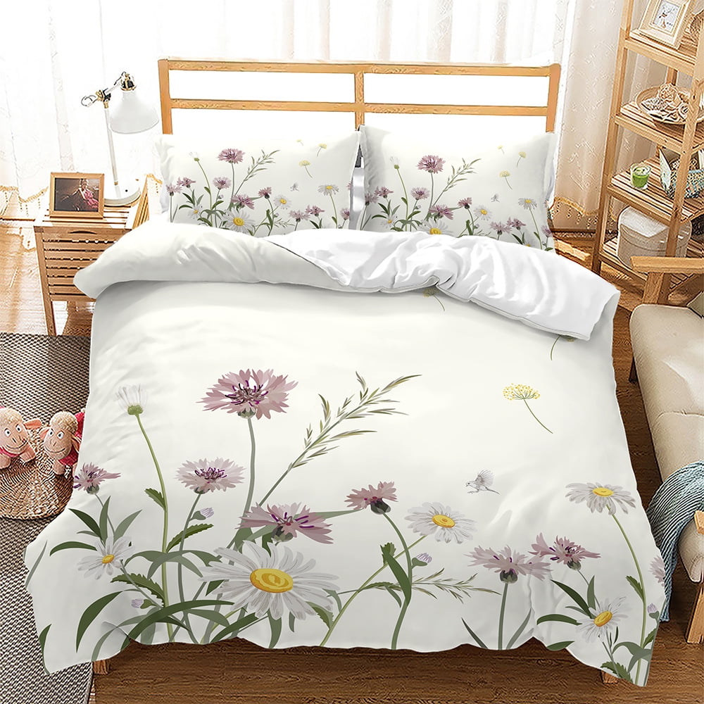 Plants Floral Printed Duvet Cover Daisy Flower and Lavender Bedding Set
