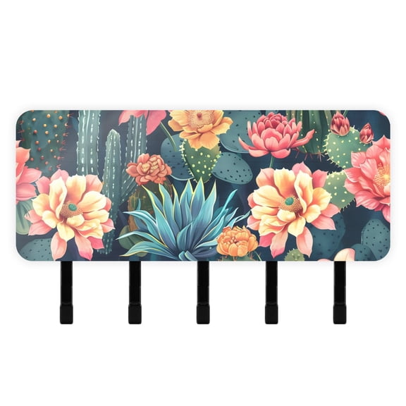 Plants Flowers Cactus Mail Holder Organizer Wall Mount with Shelf Key Holder Key Rack with 5 Key Hooks for Wall Decorative