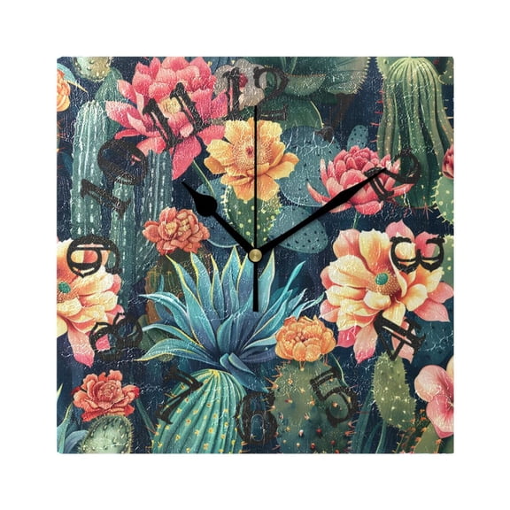 Plants Flowers Cactus Wall Clock Square Silent Non Ticking Battery Operated Clock for Home Bathroom Kitchen Bedroom Living Room