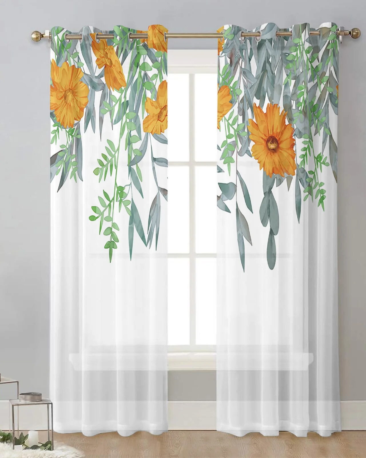 Plants Flowers Watercolor Orange Green Tulle Curtains Living Room