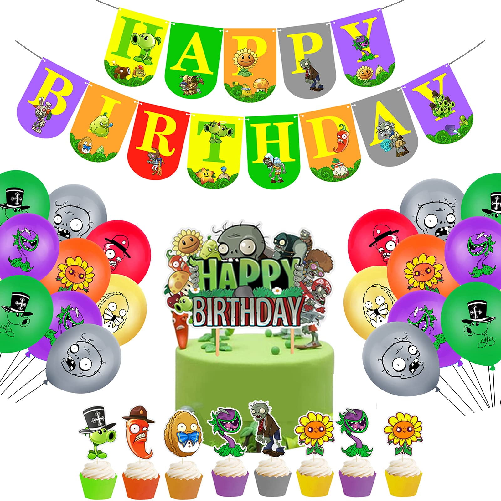 Plants Vs Zombies Party Decoration Set – 32-Piece Bundle With Banner, Balloons, Cake & Cupcake Toppers For Kids' Birthday