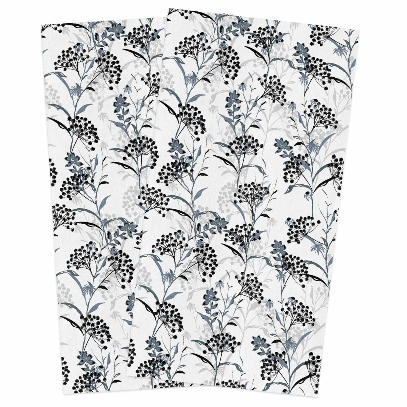 Plants Kitchen Towels Set of 2, Retro Fruit Flowers Leaves Black Gray