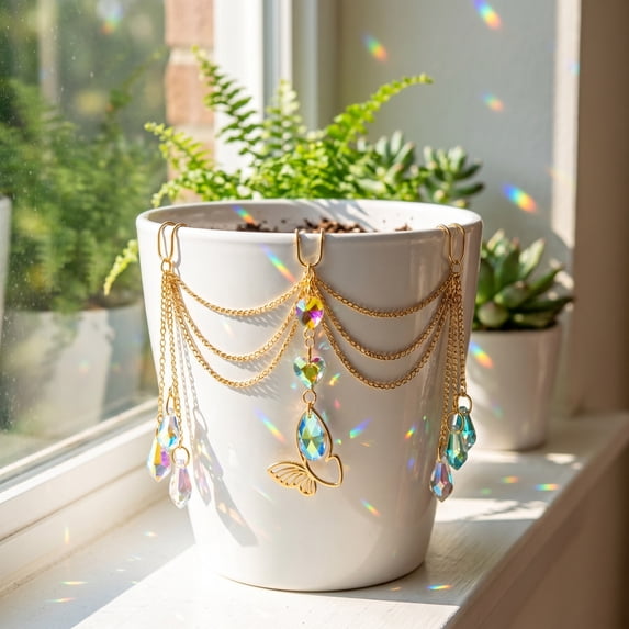 Plants Pot Suncatcher Hanging Ornament, Multi-Layer Butterfly Crystal Prism Rainbow Maker For Garden Tree Balcony Window Potted Greenery Decor(D)