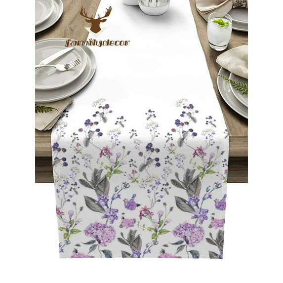Plants Purple Flowers Table Runner Home Wedding Decor Table Flag Mat Table Centerpieces Decoration Party Dining Long Tablecloth