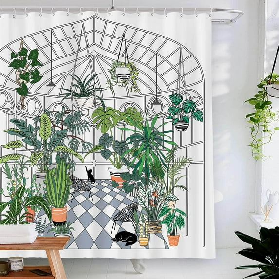 Plants Shower Curtain, Greenhouse Potted Plants Succulents Leaves and Pet Shower Curtain Set for Bathroom Green 72×72 inch