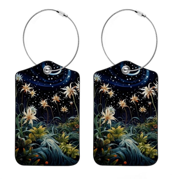 Plants under the Stars Square PU Leather 2 Pack Travel Tag - Bag Tag - Suitcase Tag with Privacy Cover and Stainless Steel Ring - Suitable for Travel, Backpack, and Handbag