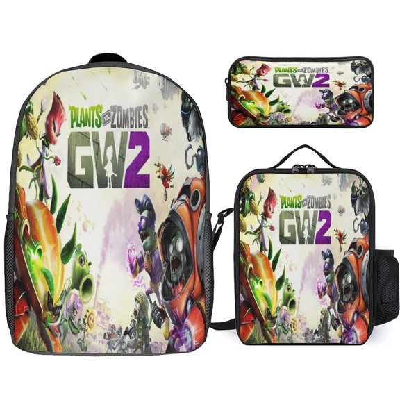 Plants Vs Zombies Backpac 3 Piece Set Adults Bookbag with Lunch Box Pencil Case Travel Daypack
