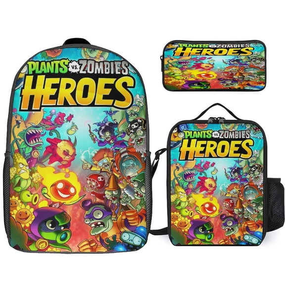 Plants Vs Zombies Backpac 3 Piece Set Adults Bookbag with Lunch Box Pencil Case Travel Daypack