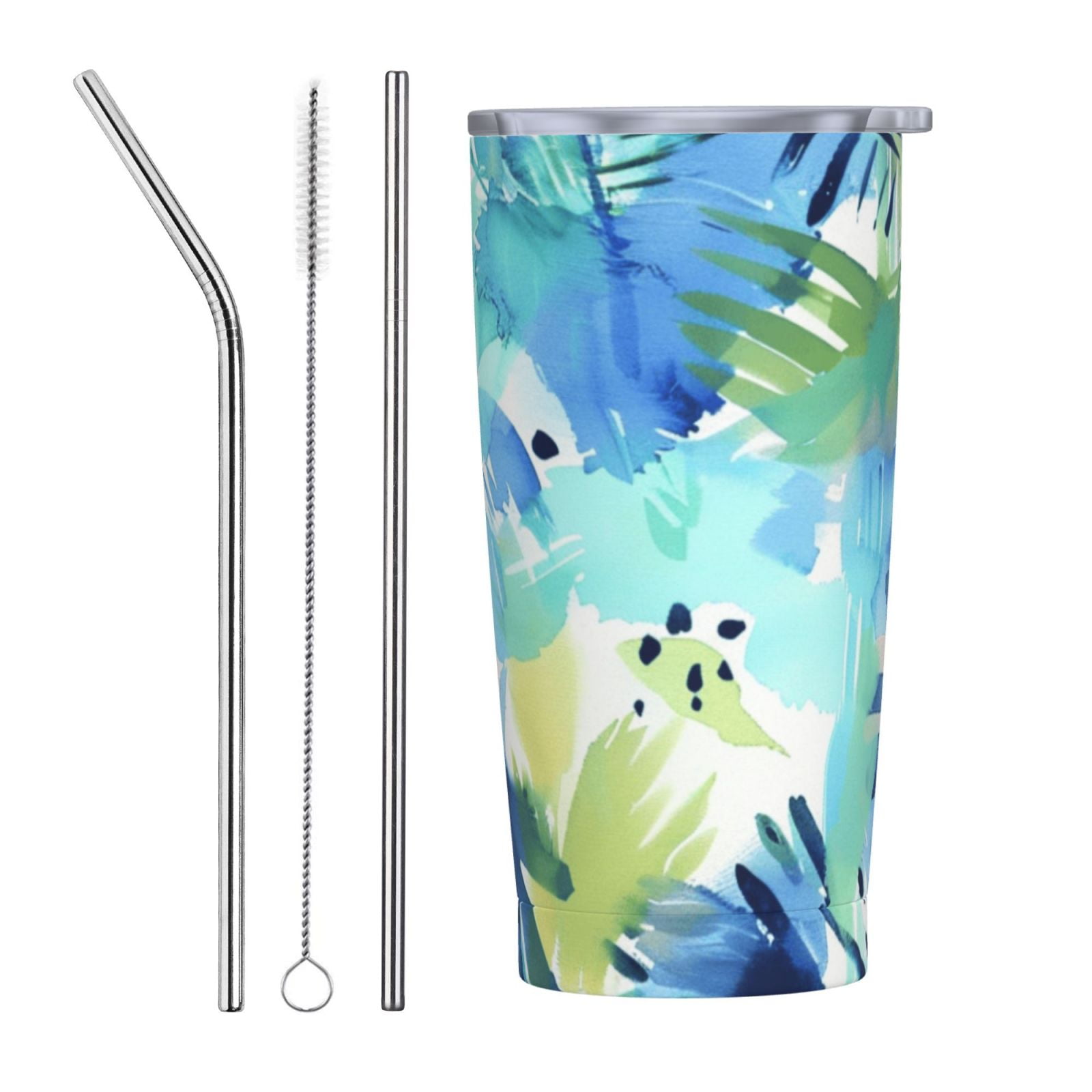 Plants and flowers watercolor 20 oz stainless steel car cup with straw