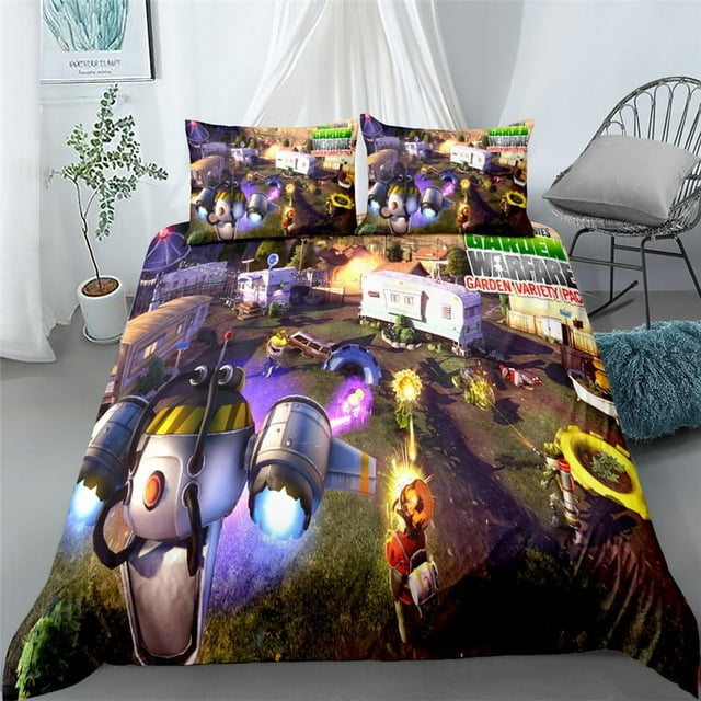 Plants vs. Zombies three-piece bedding set, 2 pillowcases and 1 quilt cover, Christmas gift set for children and adults