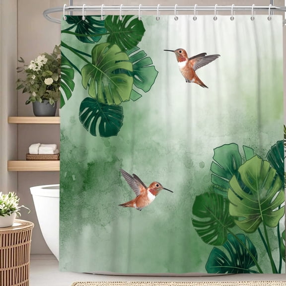 Plants with Birds Shower Curtain Tropical Palm Leaves with Hummingbirds Bath Curtain for Bathroom Decor with Hooks 72x72 in