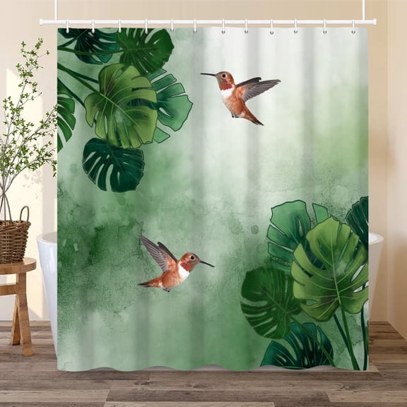 Plants with Birds Shower Curtain Tropical Palm Leaves with Hummingbirds Bath Curtain for Bathroom Decor with Hooks 72x72 in