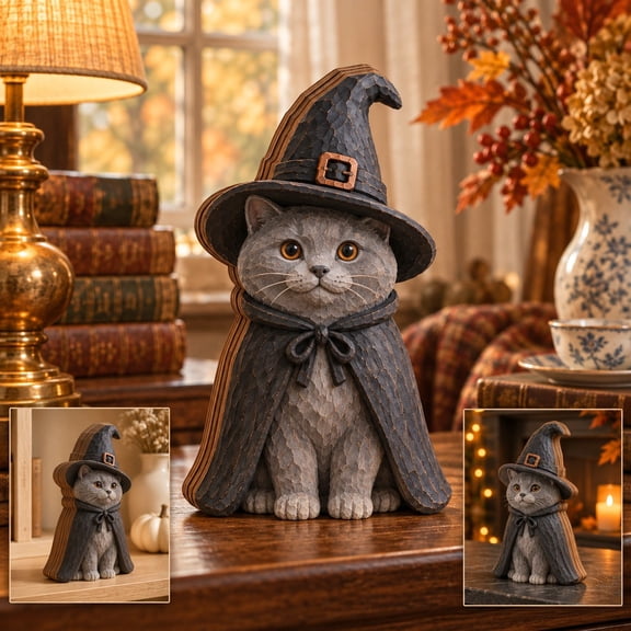 Plaque, British Shorthair Halloween Witch, 3 Layer Wood Tabletop Display for Cat Lovers