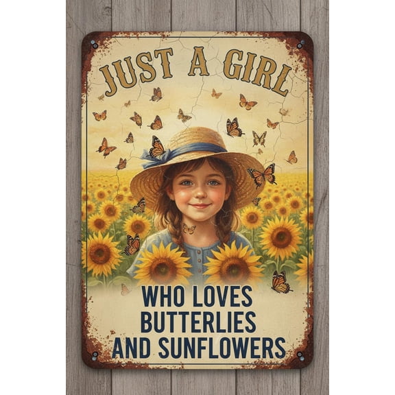 Plaque Metal Sign Just A Girl Who Love Butterflies Tin Sign Vintage Art Wall Decor Sign for Streets Barbed Wire Fences Forests Gardens Door 8"x12"