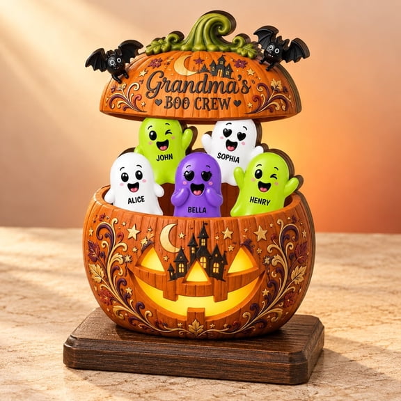 Plaque Personalized Halloween Pumpkin Wooden Tabletop Decor for Grandma's Boo Crew