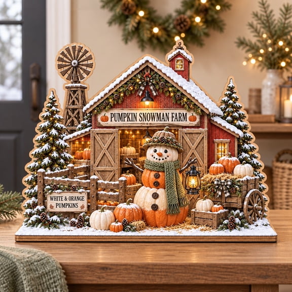 Plaque Pumpkin Snowman Farm Scene, Wooden Tabletop Display for Fall and Christmas Gatherings