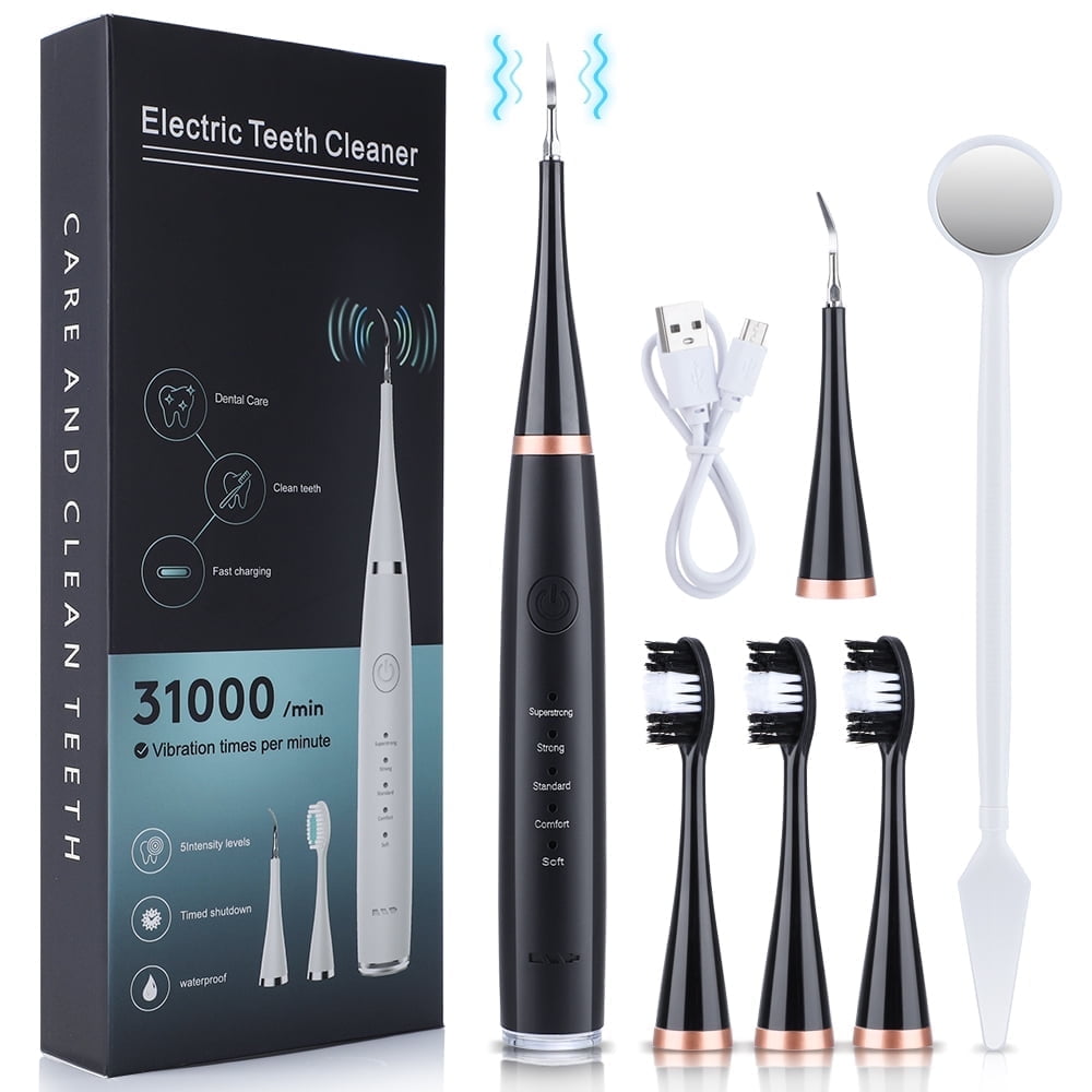 Plaque Remover for Teeth, Tartar Remover for Teeth Cleaning with 3 Replaceable Heads and 5 Adjustable Modes, Dental Cleaning Kit Tartar Remover,Rechargeable Teeth Cleaning Plaque Remover,Black