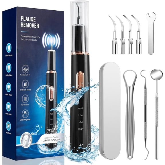 Plaque & Tartar Remover for Teeth, Rechargeable Teeth Cleaner with 4 Replaceable Heads & 3 Adjustable Modes, Oral Cleaning Tool for Home Use